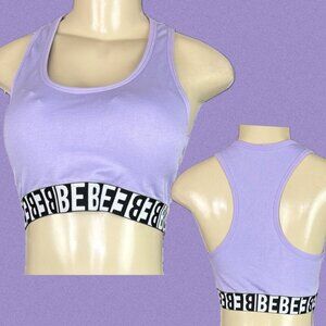 Bebe L Purple Logo Black Trim Removable Pads 4 Way Stretch Racerback Sports Bra